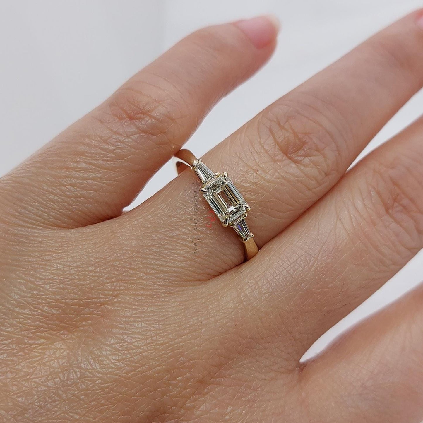 Emerald Diamond Three Stone Engagement Ring Emerald cut Moissanite engagement ring in Gold or Platinum — custom handcrafted by Forever For Love