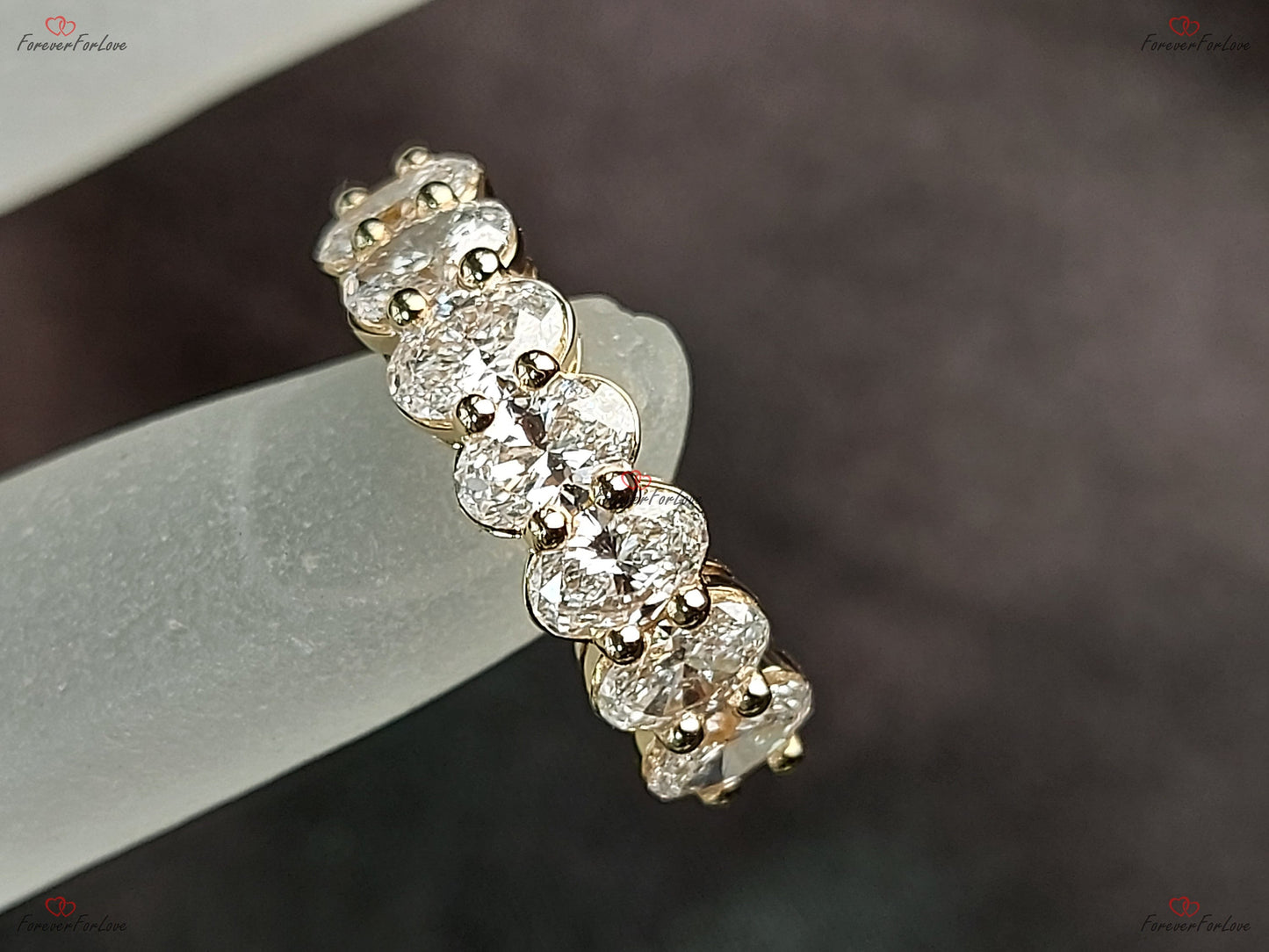 Oval Lab Diamond Half Eternity Band Oval cut Moissanite Brilliant Cut engagement ring in 935 Argentium Silver — custom handcrafted by Forever For Love