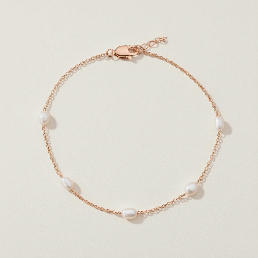 Oval Pearl Beaded Gold Bracelet, 14k Solid Gold Chain with 3mm Natural Pearls, 5 Pearl Stations on Gold Dainty Chain, Gift for Her Moissanite engagement ring in Gold or Platinum — custom handcrafted by Forever For Love