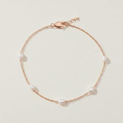 Oval Pearl Beaded Gold Bracelet, 14k Solid Gold Chain with 3mm Natural Pearls, 5 Pearl Stations on Gold Dainty Chain, Gift for Her