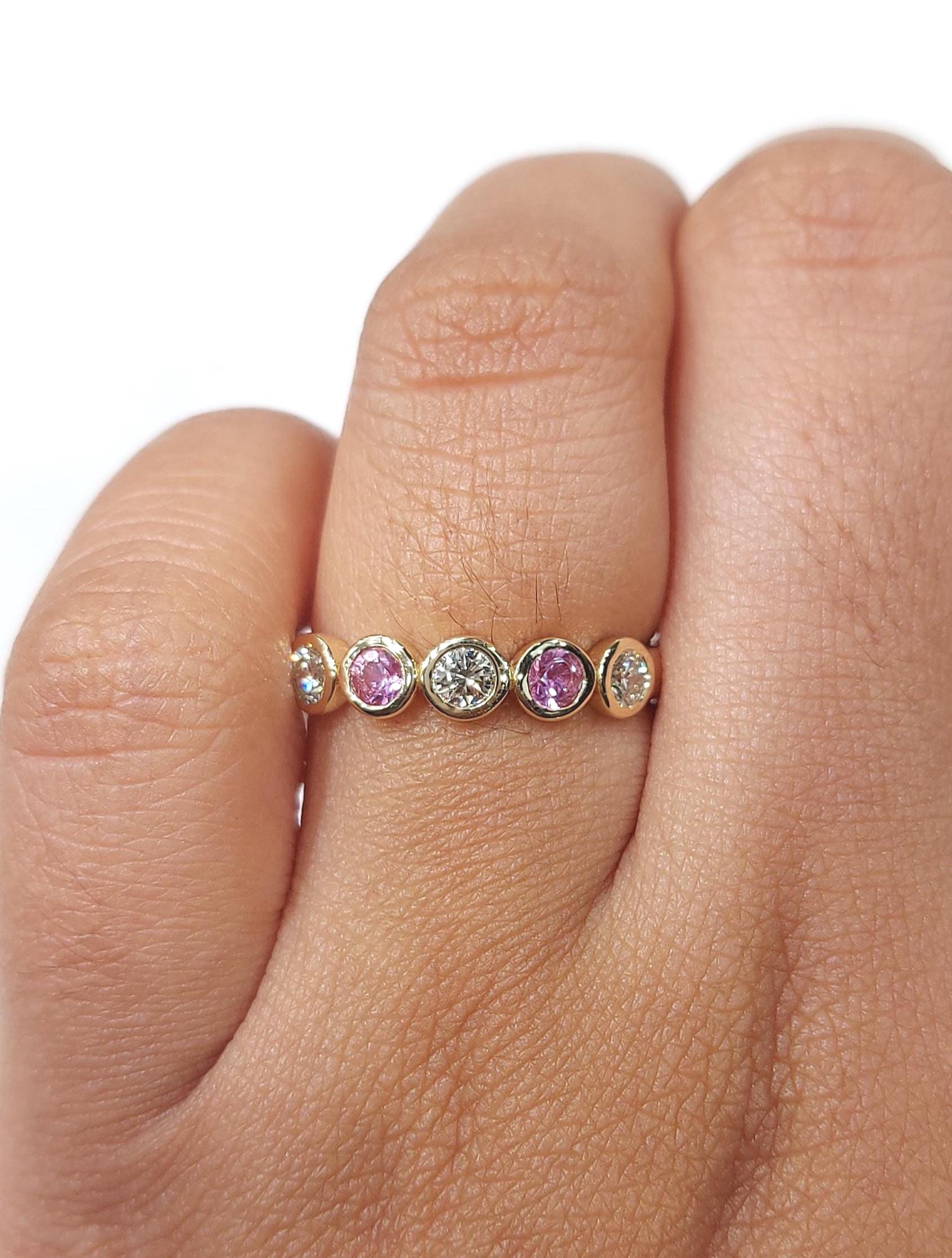 14k Solid Gold Bubble bezel Round Lab Diamond Wedding Band Half Eternity Diamond Engagement Band Diamond and Pink sapphire Alternative Band