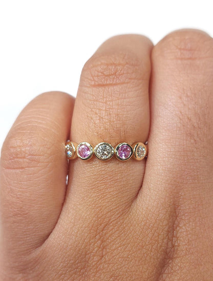 14k Solid Gold Bubble bezel Round Lab Diamond Wedding Band Half Eternity Diamond Engagement Band Diamond and Pink sapphire Alternative Band