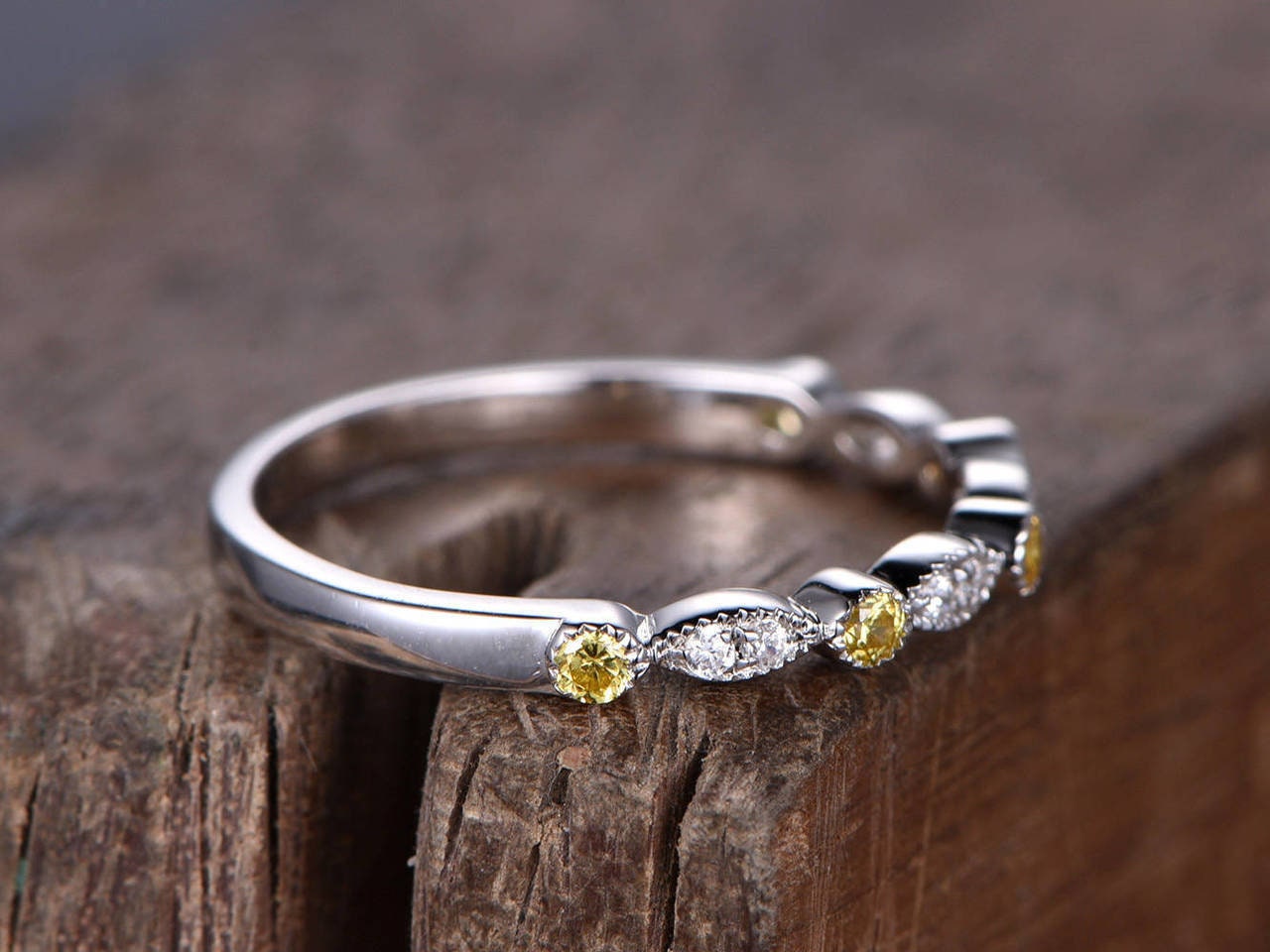 Round Natural Diamond, Citrine Half Eternity Band Round cut Natural Citrine engagement ring in 935 Argentium Silver — custom handcrafted by Forever For Love