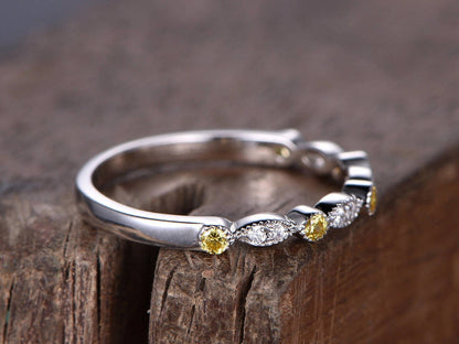 Round Natural Diamond, Citrine Half Eternity Band