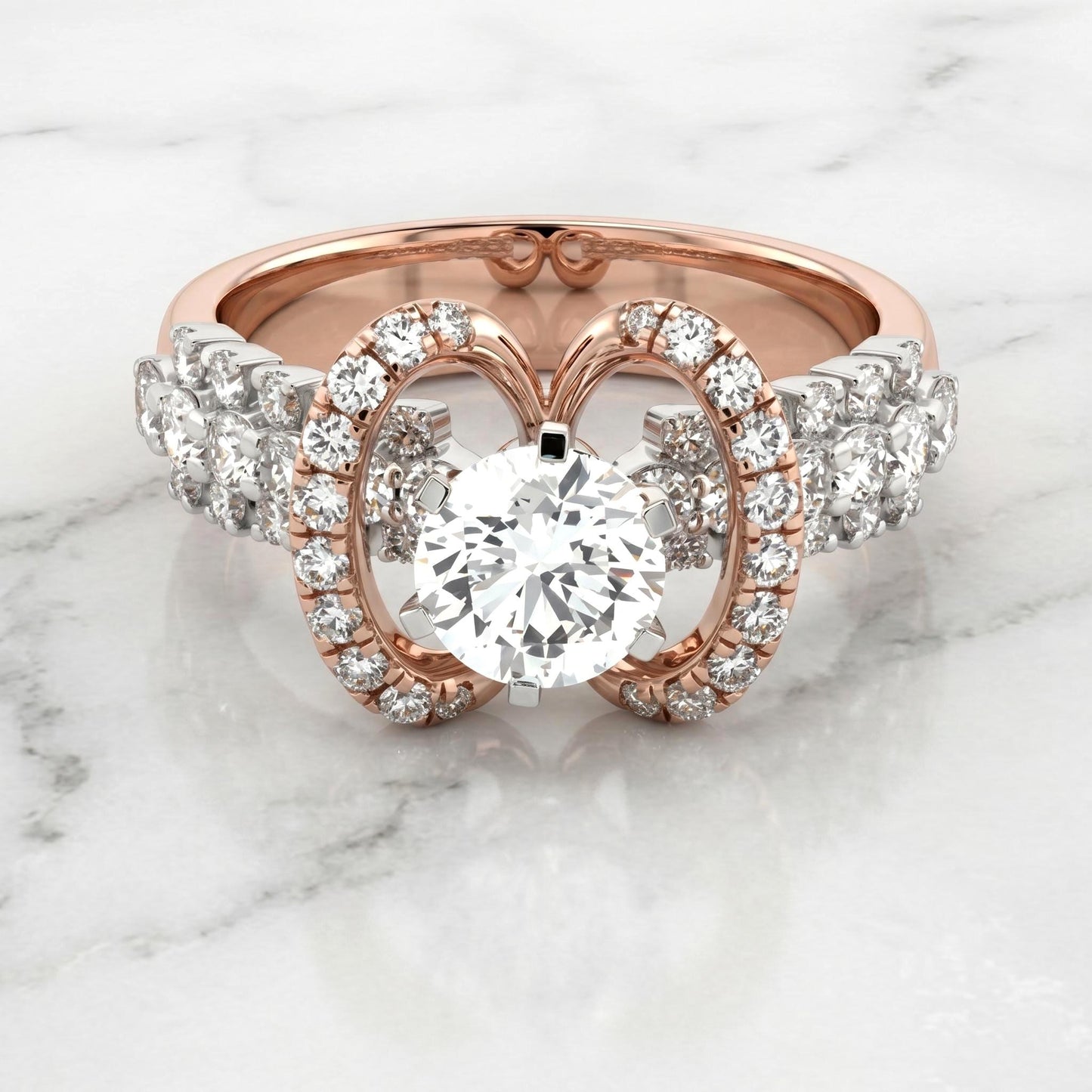 Bague de fiançailles auréole avec diamant de laboratoire taille ronde Round cut 1Ct Moissanite Taille Brillant engagement ring in Gold or Platinum — custom handcrafted by Forever For Love