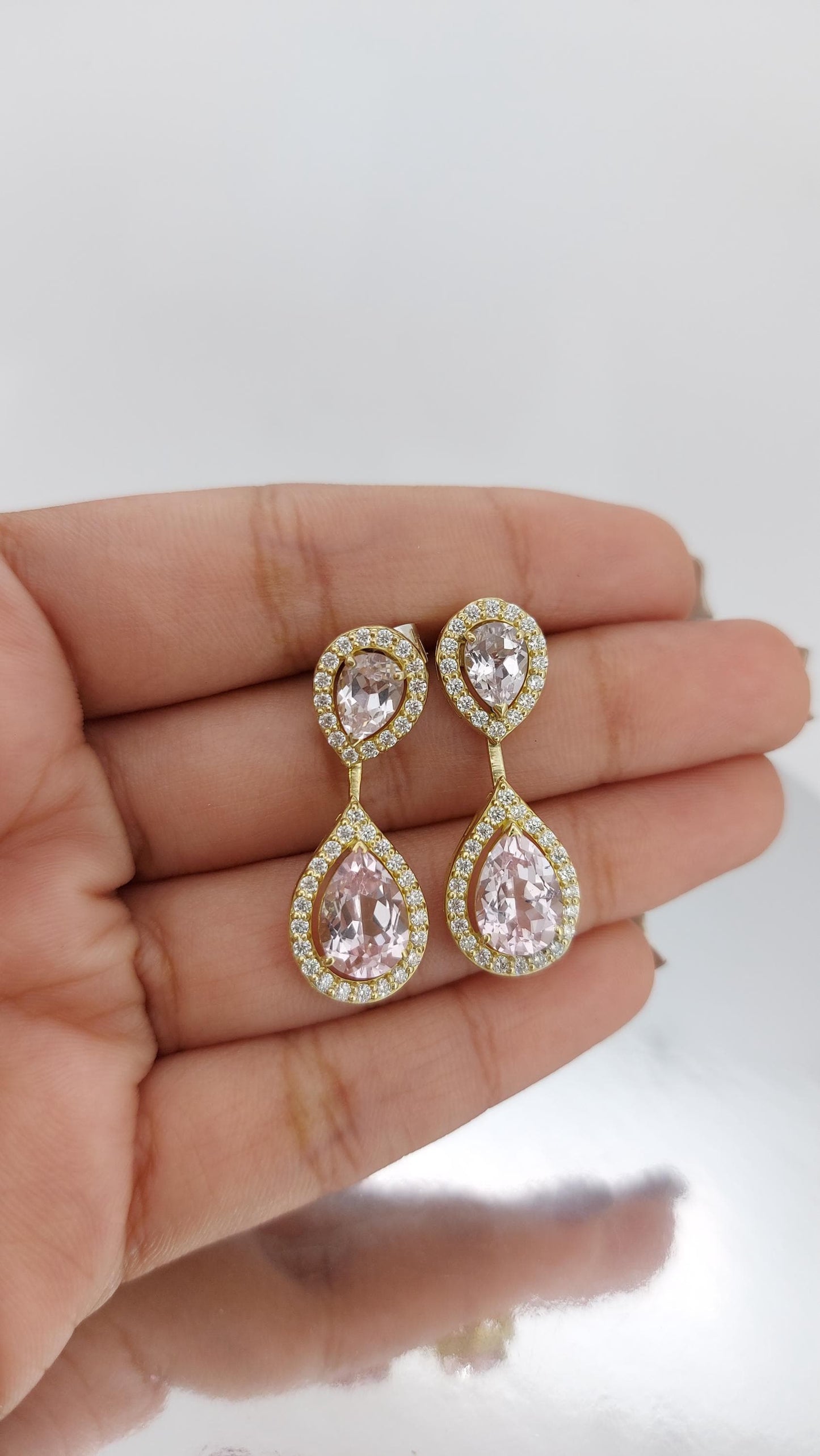 Dangling Pink Pear Sapphire Earrings, Pink Earrings, Pear Halo sapphire  Earrings, Statement Earrings, Gold Earrings ,Minimalist earrings. Moissanite engagement ring in Gold or Platinum — custom handcrafted by Forever For Love