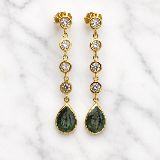 3.5 tcw Moss Agate earrings, Pear Moss agate and Round Lab Diamond earrings, Dangling earrings, Bezel setting dangling earring, Perfect gift