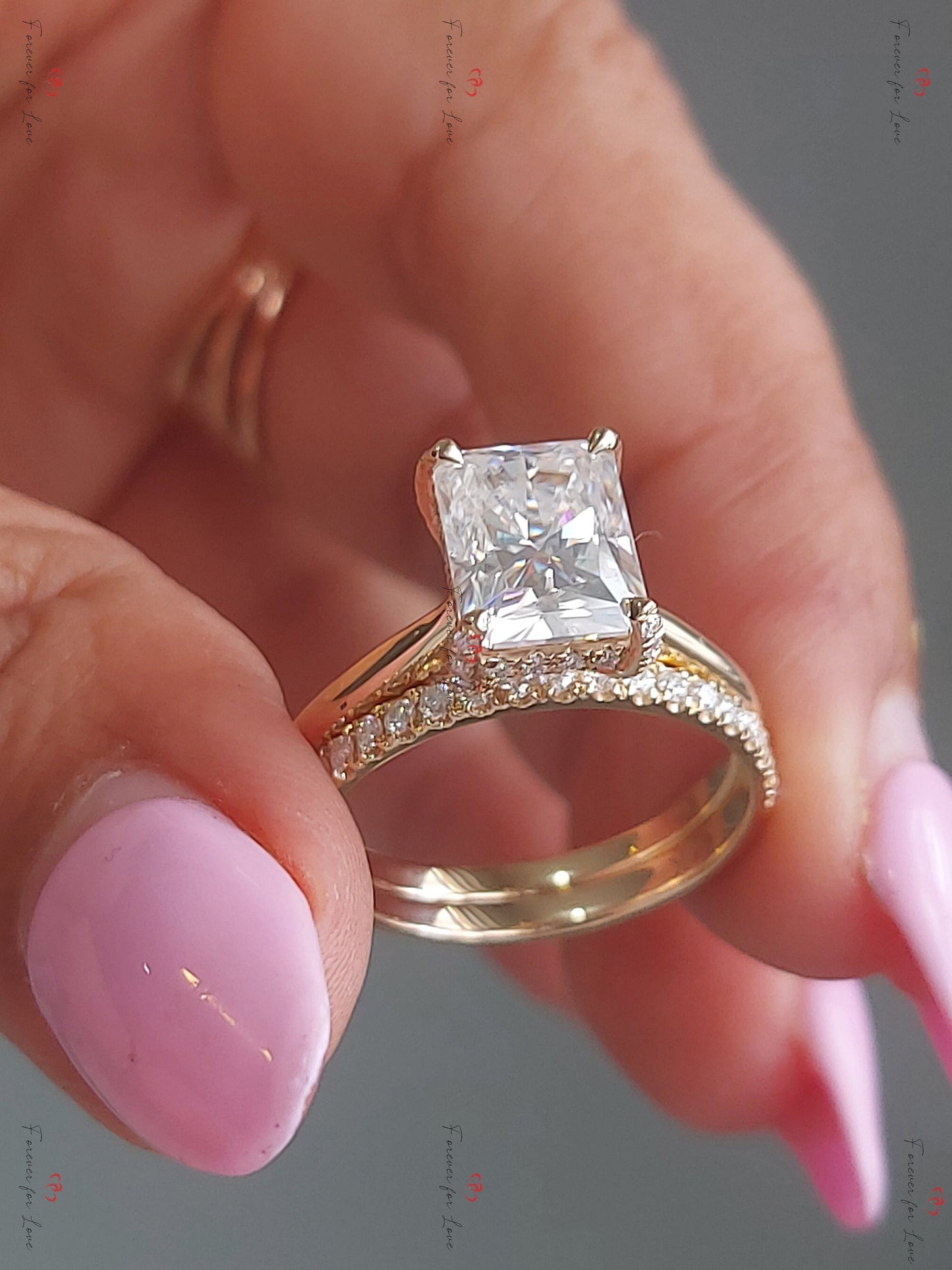 3 Ct Radiant Moissanite Engagement Ring Radiant cut Moissanite Brilliant Cut engagement ring in 935 Argentium Silver — custom handcrafted by Forever For Love