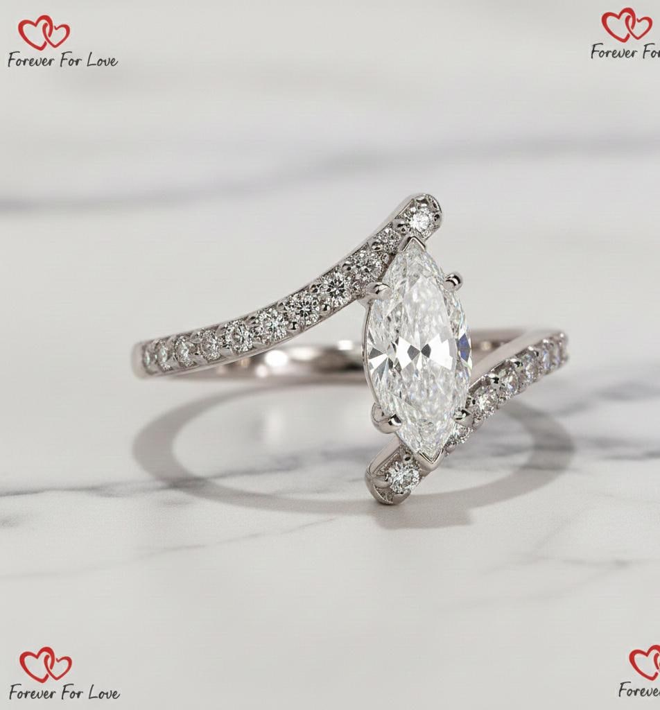Bague de fiançailles en diamant de laboratoire taille marquise certifiée IGI de 2,25 carats Marquise cut 1Ct Moissanite taille brillant engagement ring in Gold or Platinum — custom handcrafted by Forever For Love