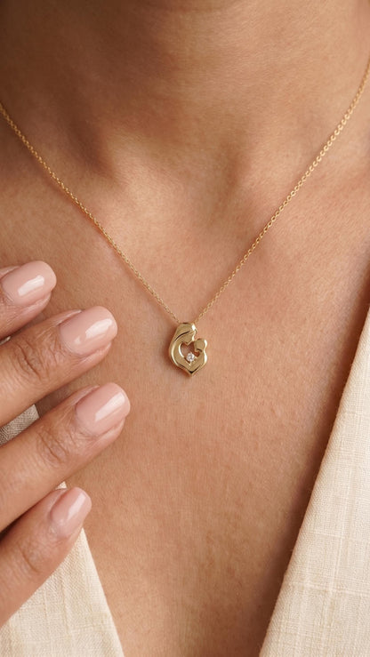 14k Zierliche Mutter & Kind Herz-Anhänger-Halskette mit individuellem Geburtsstein, Massivgold, Perfektes Geschenk für Mütter