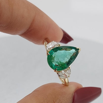Pear Diamond, Emerald, Moonstone Engagement Ring