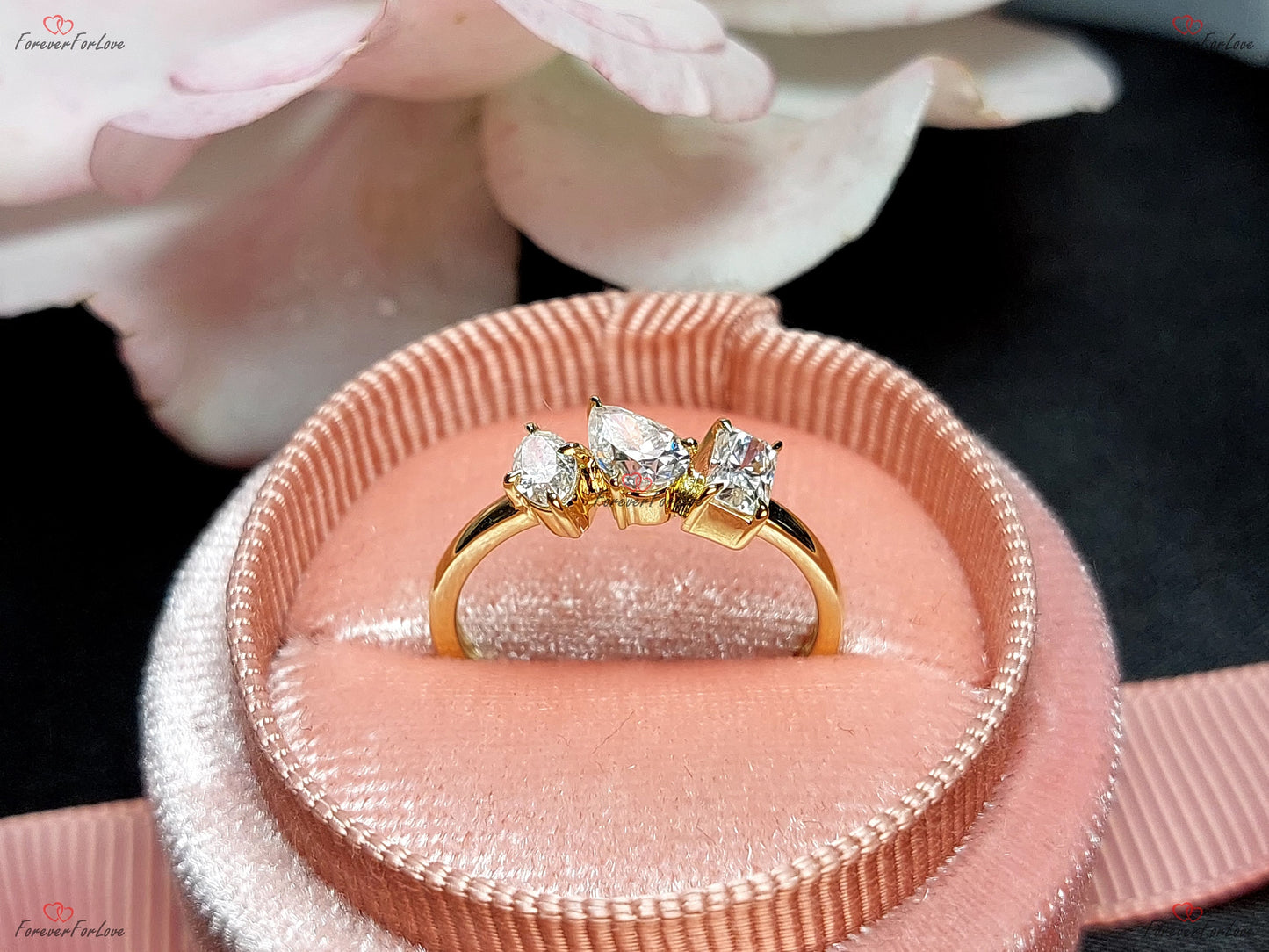Oval, Radiant & Pear Moissanite Three Stone Engagement Ring Oval with accents cut Moissanite engagement ring in Gold or Platinum — custom handcrafted by Forever For Love