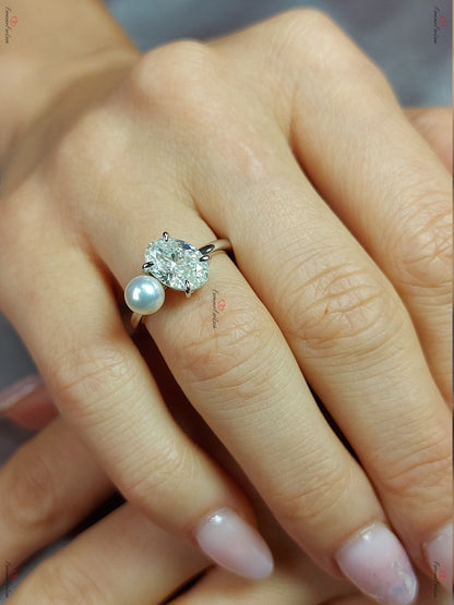 2.5 Ct Oval Diamond, Moissanite, Pearl Engagement Ring