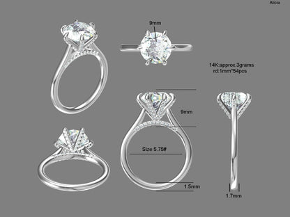 3 Ct Round Diamond, Moissanite Engagement Ring