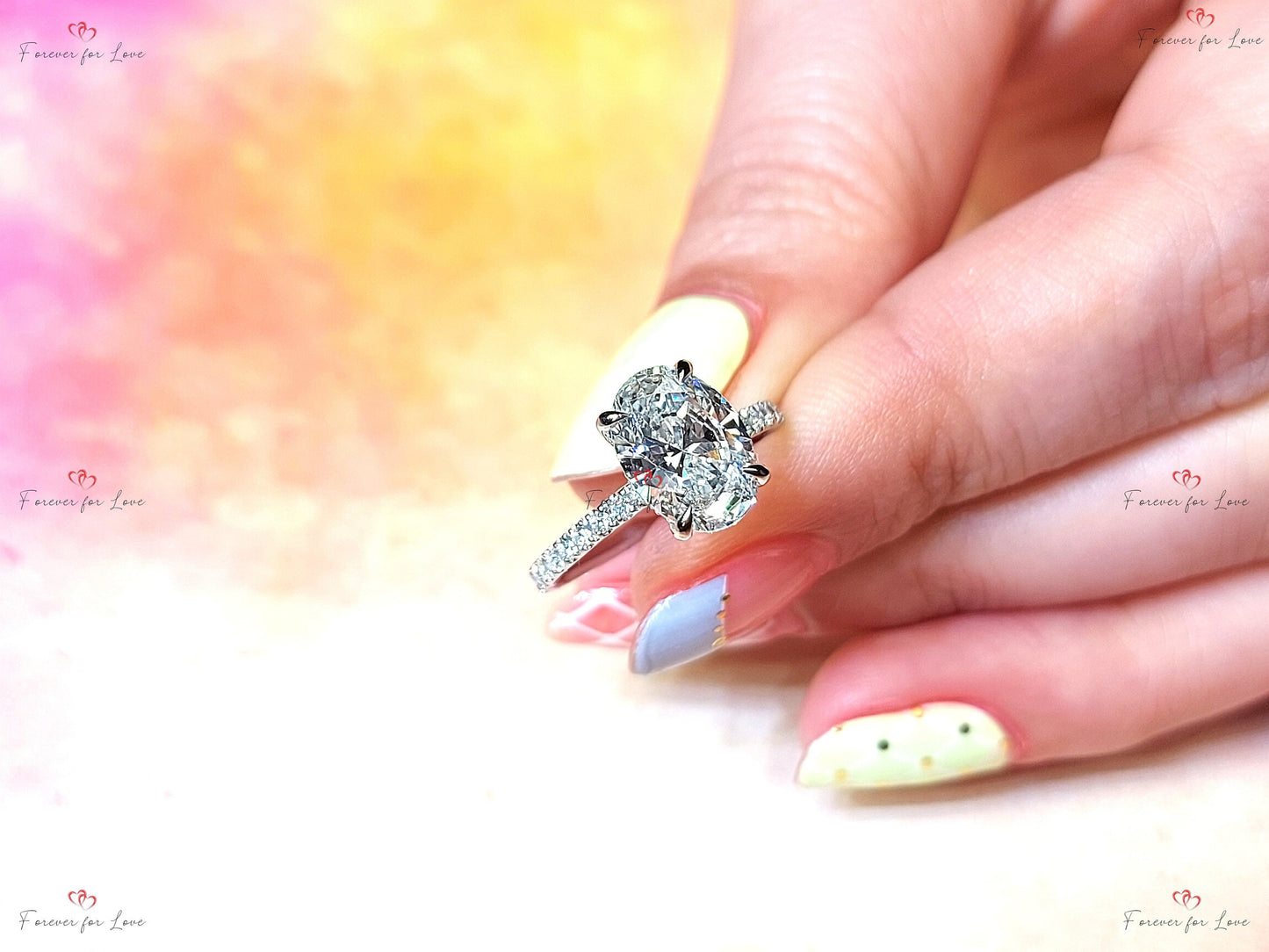 2 Ct Oval Lab Diamond Engagement Ring with Accents Oval cut 1Ct Moissanite Brilliant Cut engagement ring in 935 Argentium Silver — custom handcrafted by Forever For Love