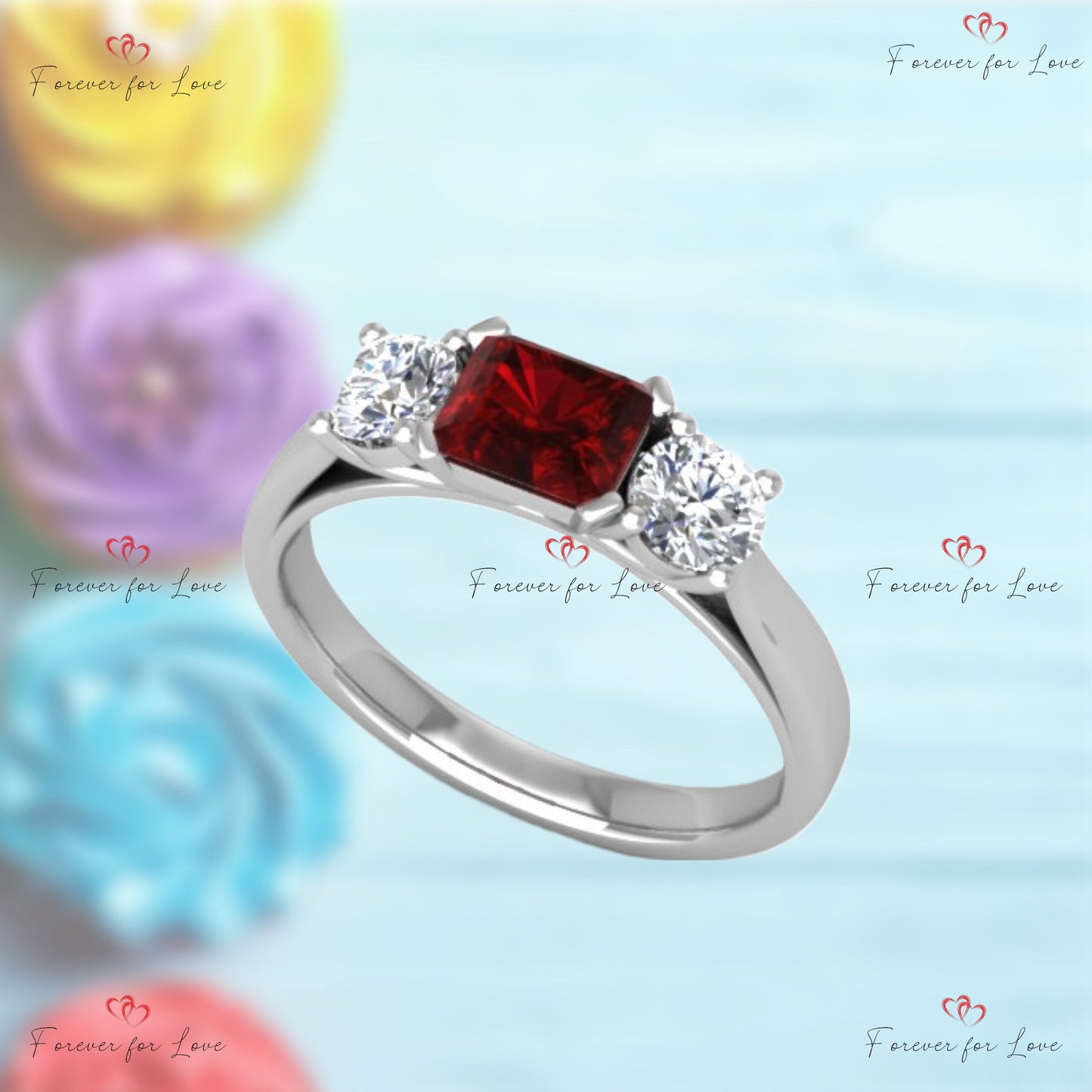Diamond and Ruby Three Stone Engagement Ring Round cut Moissanite engagement ring in Gold or Platinum — custom handcrafted by Forever For Love