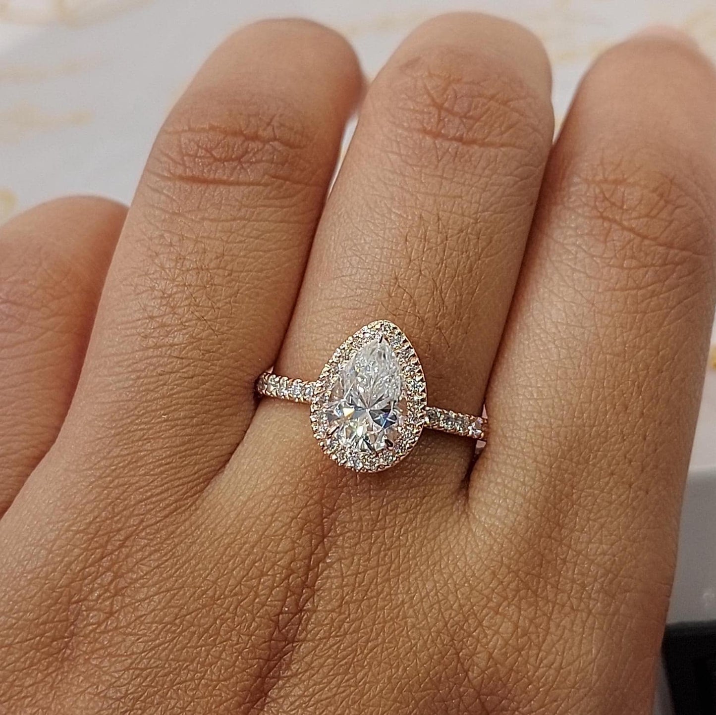 1.5 Ct Pear Moissanite Halo Engagement Ring Pear cut 1Ct Moissanite Brilliant Cut engagement ring in 935 Argentium Silver — custom handcrafted by Forever For Love