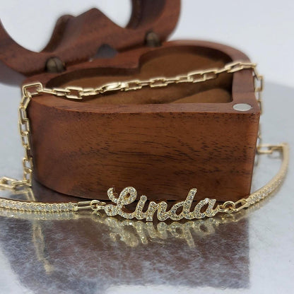 Diamant-Namenarmband, 14k Goldarmband, Diamant-Initialenarmband, Paperclip-Kette, 14k Massivgelb-, Weißgold, personalisiertes Armband
