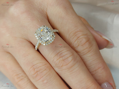 Cushion Diamond, Moissanite Hidden Halo Engagement Ring