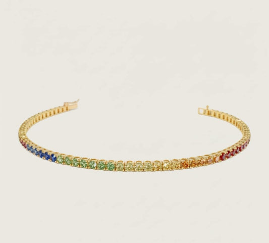 14K Multi-Color Sapphire Tennis Bracelet, Rainbow Sapphire Bracelet, Natural Sapphire Round Rainbow Gradient Ombre Bracelet, Gift for her