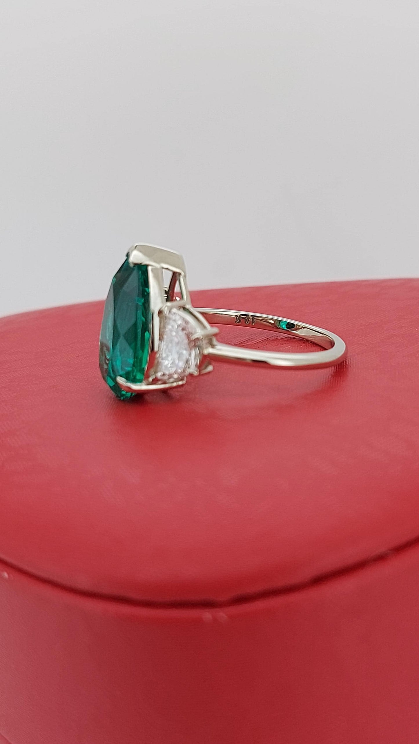 Pear Lab Emerald & Moonstone Three Stone Ring Pear cut 1Ct Natural Emerald engagement ring in 935 Argentium Silver — custom handcrafted by Forever For Love