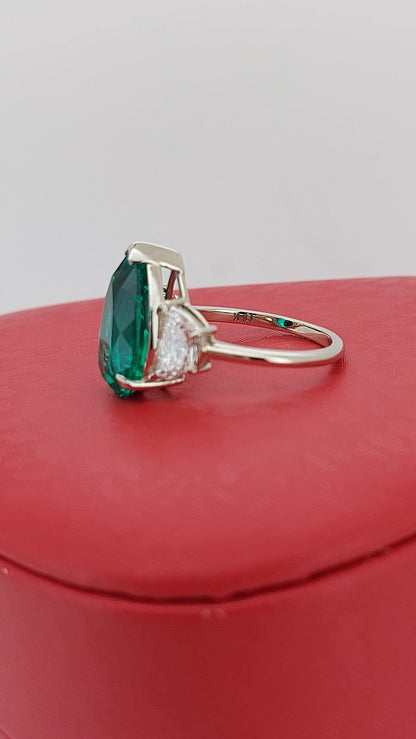 Pear Diamond, Emerald, Moonstone Engagement Ring