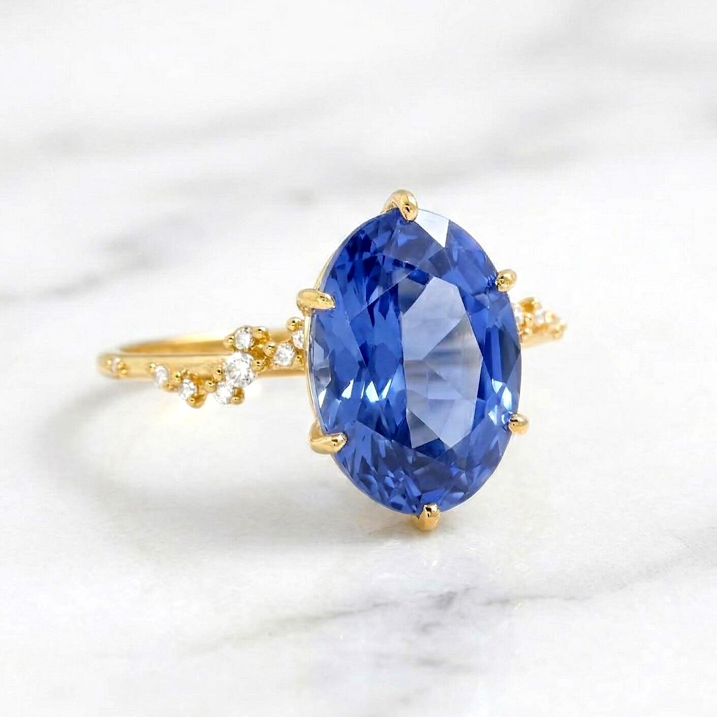 3.5 Ct Oval Blue Lab Diamond, Sapphire Engagement Ring