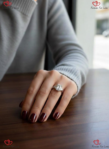 6ct E Color VVS2 Clarity IGI Certified Three Stone Emerald Cut Lab Created Diamond Engagement Ring, 18k White Gold, Side Trillion Cuts