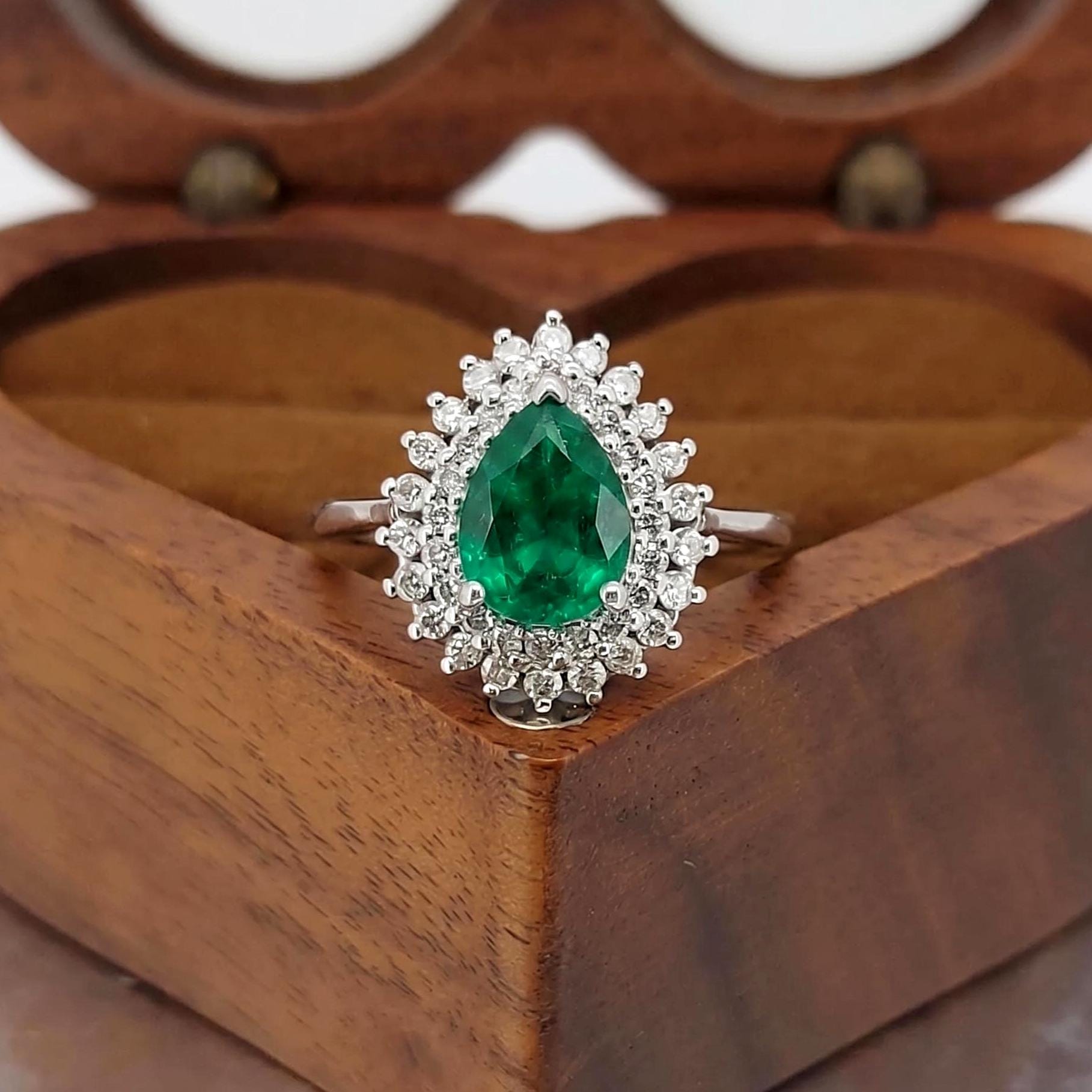 1.5 Ct Pear Natural Diamond, Emerald Halo Engagement Ring