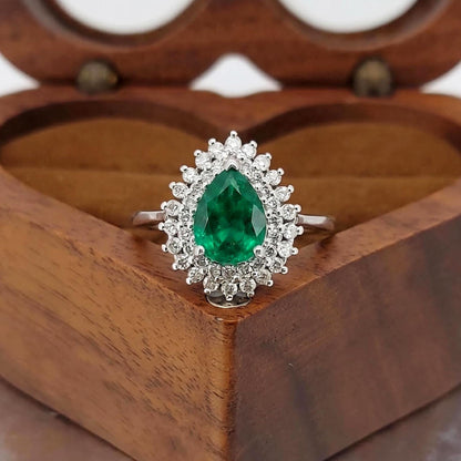 1.5 Ct Pear Natural Diamond, Emerald Halo Engagement Ring