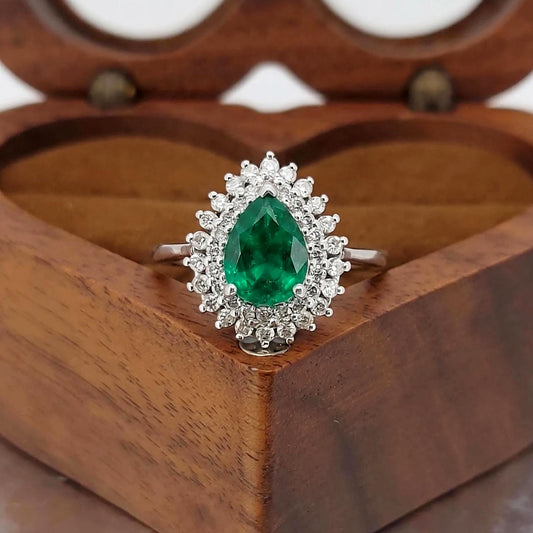 1.5 Ct Pear Natural Diamond, Emerald Halo Engagement Ring