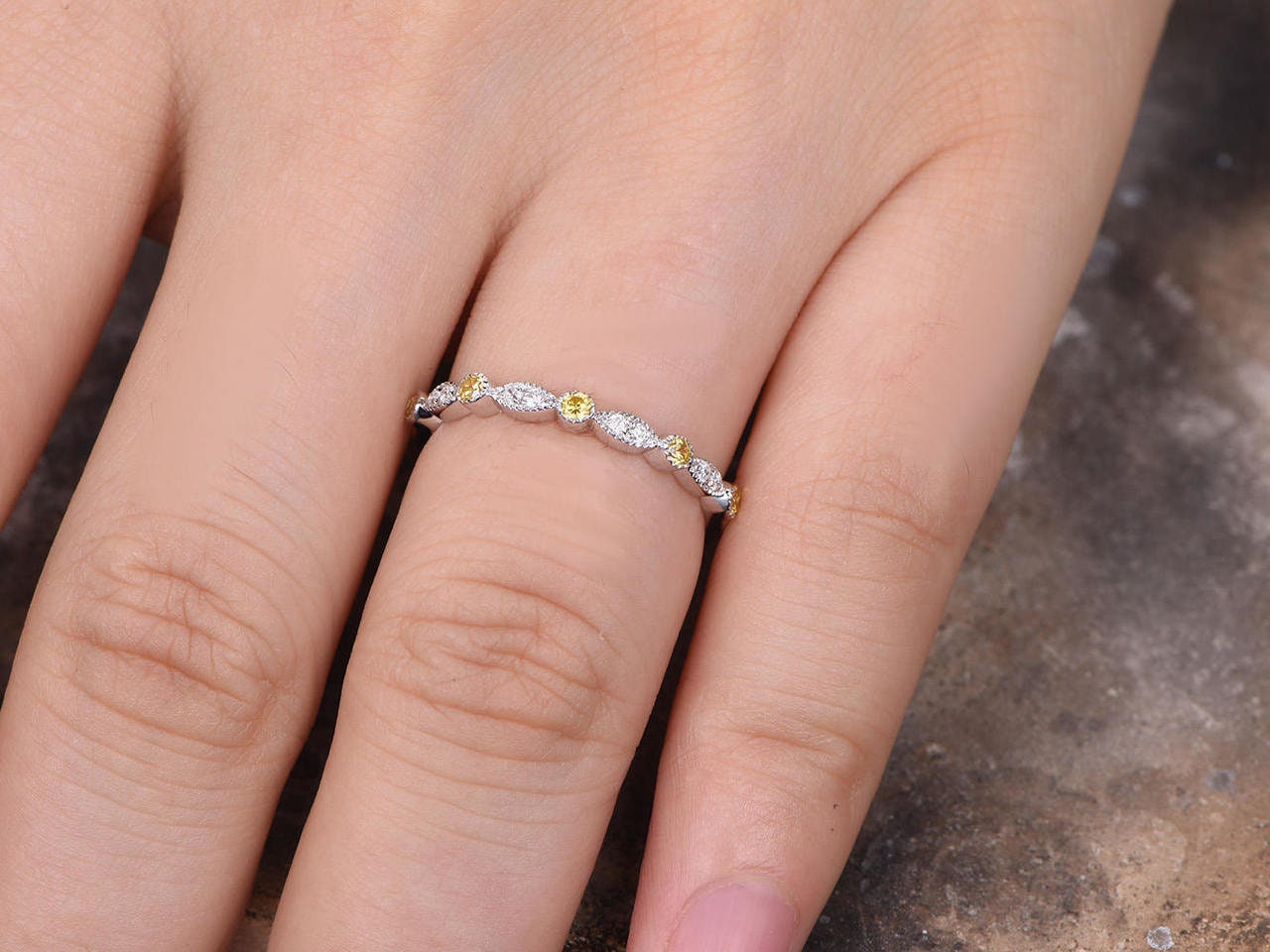 Round Natural Diamond, Citrine Half Eternity Band Round cut Natural Citrine engagement ring in 935 Argentium Silver — custom handcrafted by Forever For Love