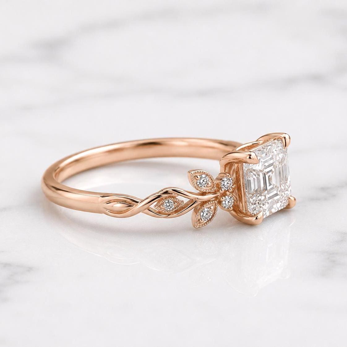 Nature Inspired Asscher Cut Ring E VVS2 IGI Certified Lab Grown Diamond Engagement Ring Engagement Ring Step Cut Diamond Ring Prong Setting