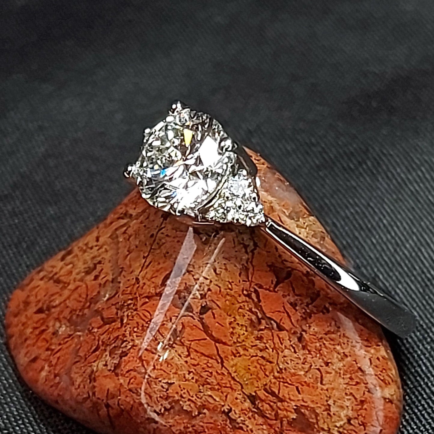 1.10 Ct IGI Certified Round Lab Diamond Three Stone Engagement Ring Round cut 0.8 Moissanite engagement ring in Gold or Platinum — custom handcrafted by Forever For Love