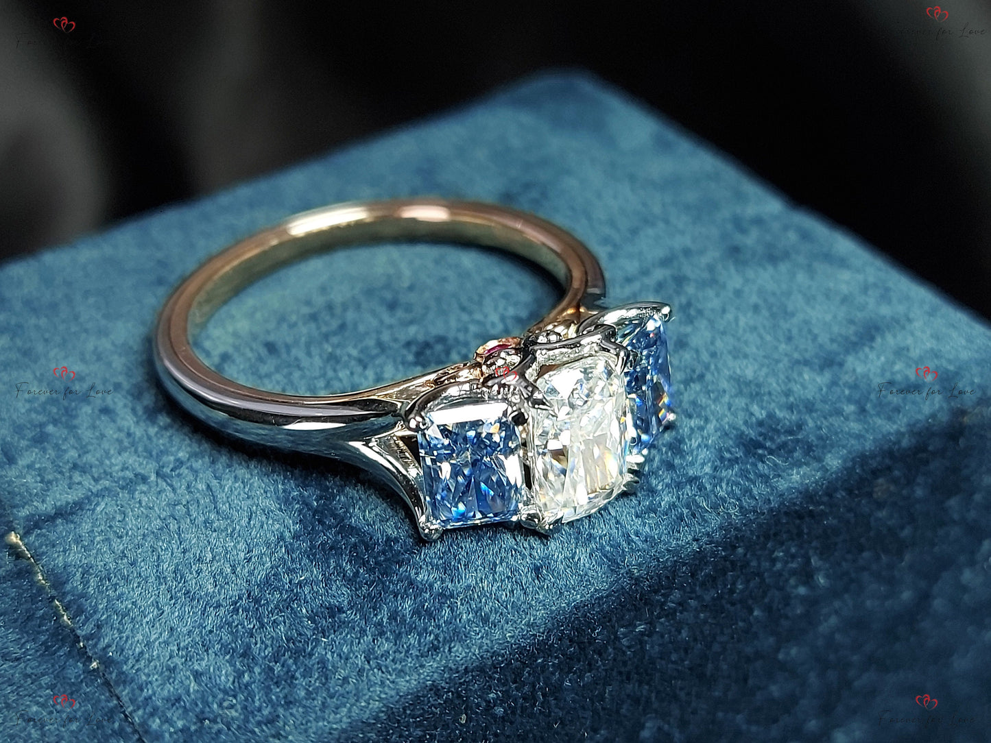Radiant Moissanite Three Stone Engagement Ring Radiant cut Moissanite engagement ring in Gold or Platinum — custom handcrafted by Forever For Love