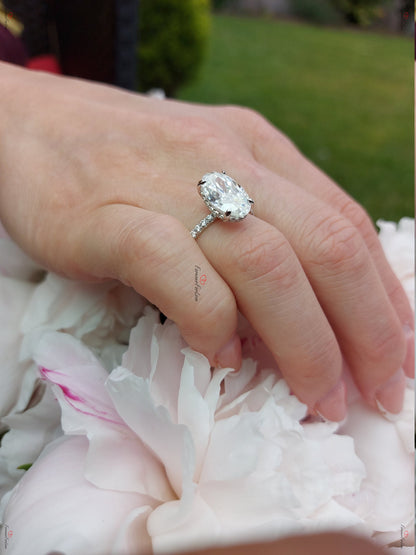 5 CT Crushed Ice Oval Moissanite Engagement Ring: 14k White Gold Hidden Halo