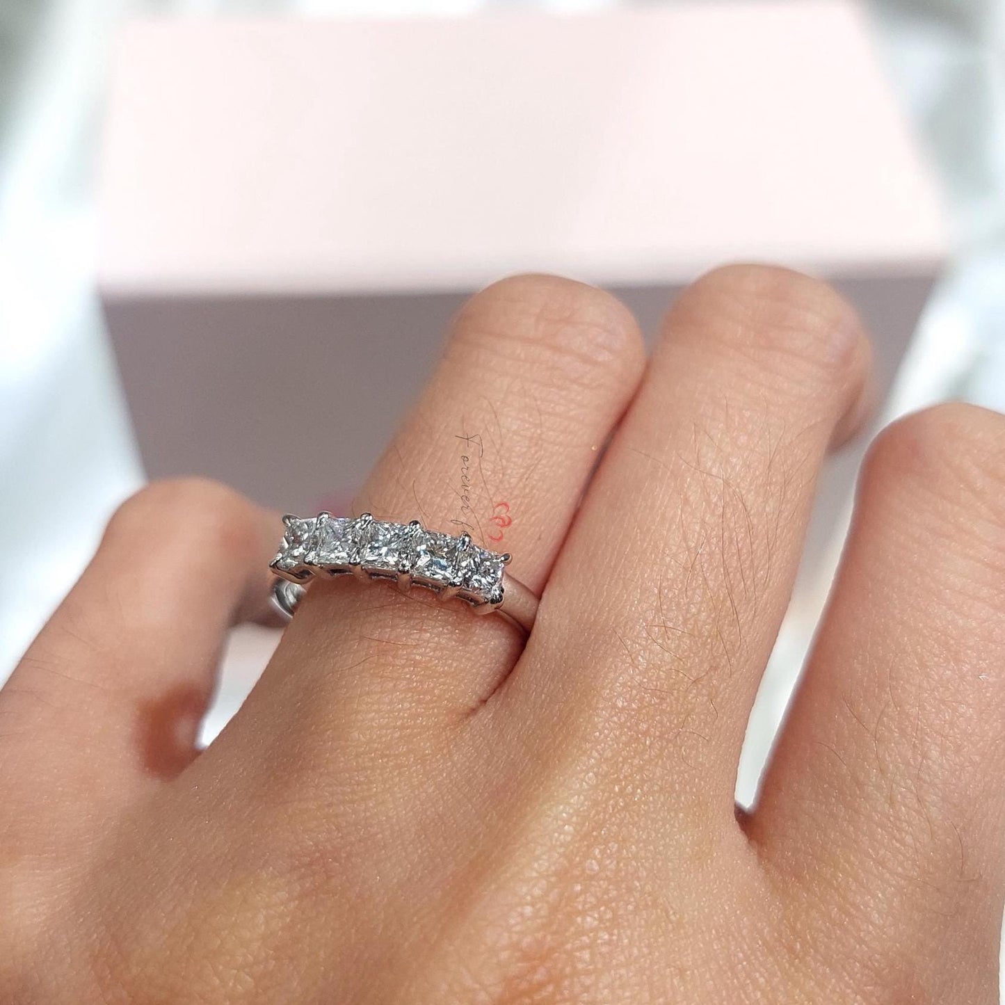 Demi-alliance princesse en diamants de synthèse Princess cut Moissanite taille brillant engagement ring in Gold or Platinum — custom handcrafted by Forever For Love