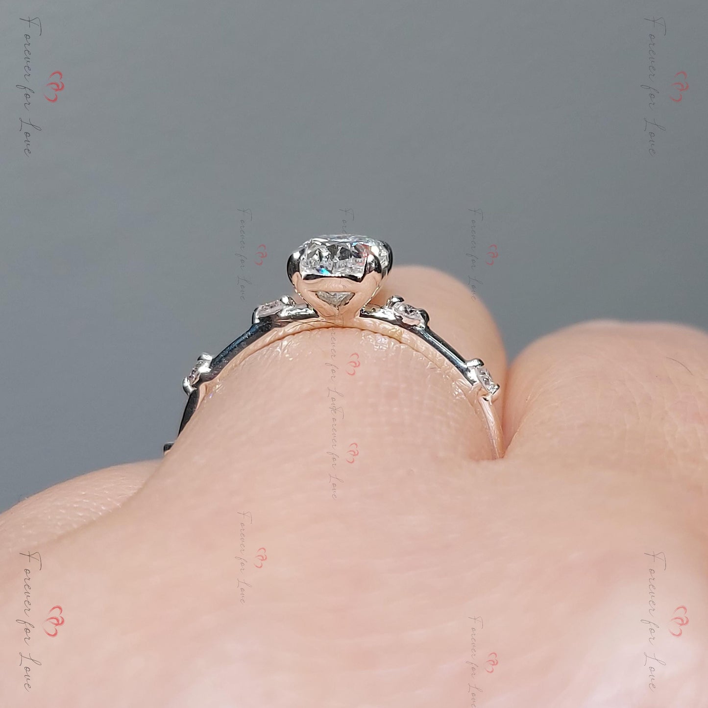 1 Ct Oval Lab Diamond Engagement Ring with Marquise Accents Oval cut 1Ct Moissanite Brilliant Cut engagement ring in 935 Argentium Silver — custom handcrafted by Forever For Love