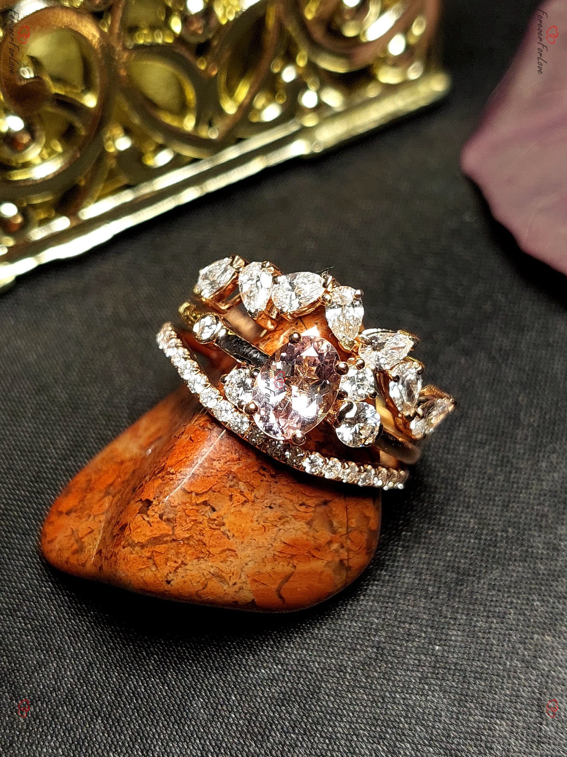 Vintage Morganite Oval 1 Ct/5*7mm/ and Natural Diamond Engagement Wedding set, Rose Gold diamond cluster Bridal Women Ring Anniversary Gift.