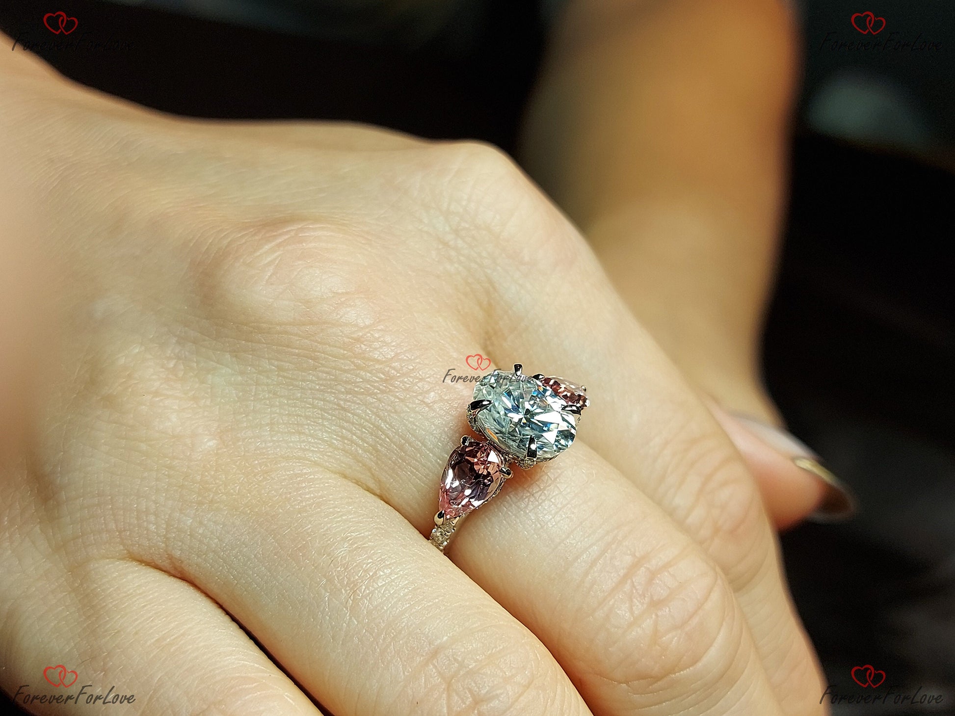 2.5 Ct Oval Pink Moissanite, Sapphire Three Stone Engagement Ring