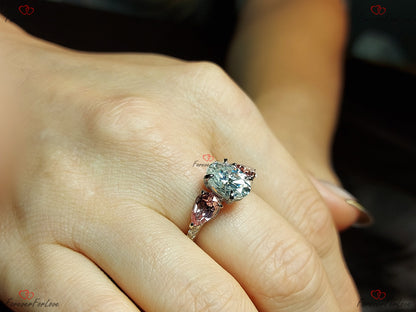 2.5 Ct Oval Pink Moissanite, Sapphire Three Stone Engagement Ring