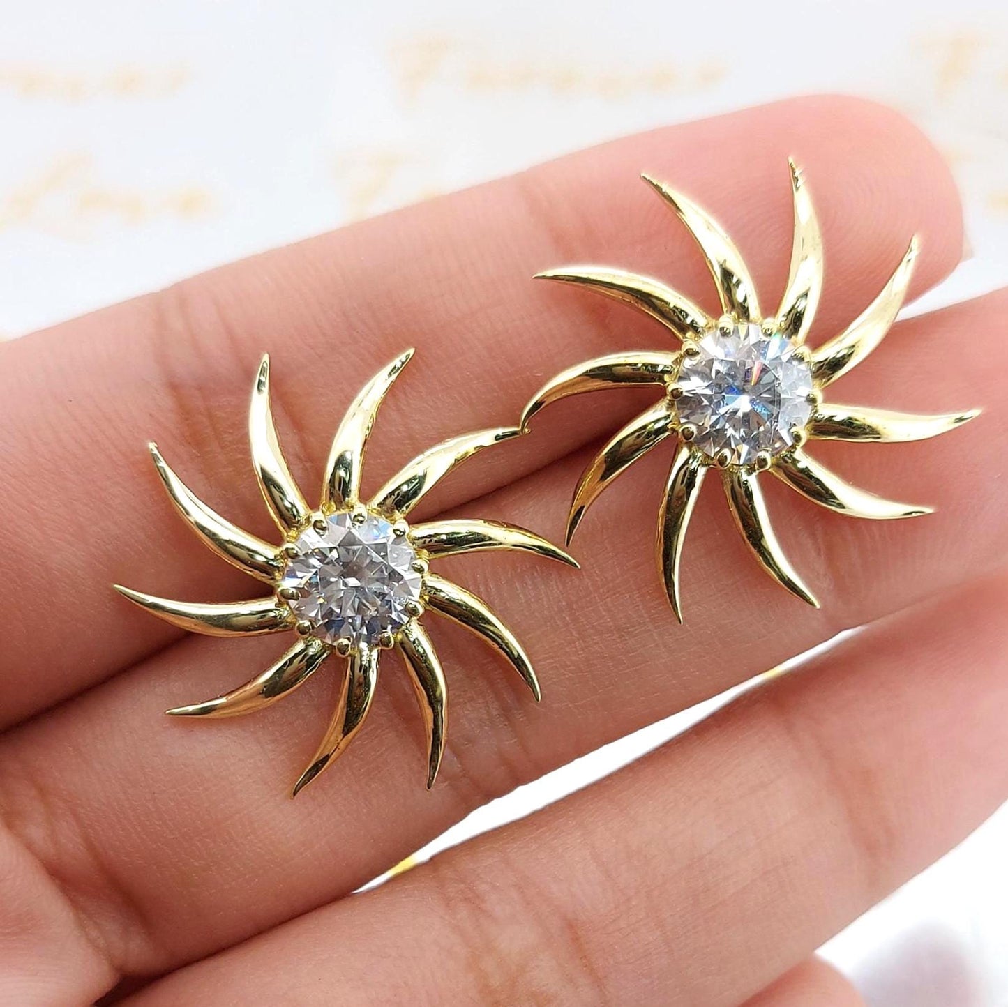 2.00 TCW Round Lab Diamond Sun Burst Earrings, Solid Gold Earrings, Sun burst Everyday Earrings, Lab diamond earrings, Perfect gift Moissanite engagement ring in Gold or Platinum — custom handcrafted by Forever For Love