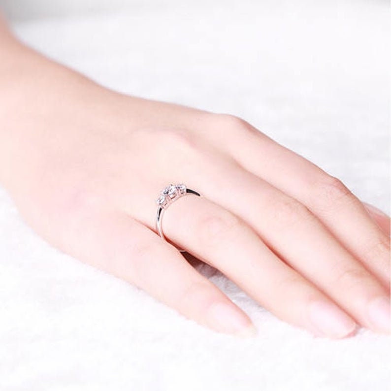 Round Diamond Three Stone Engagement Ring Round cut Moissanite engagement ring in Gold or Platinum — custom handcrafted by Forever For Love