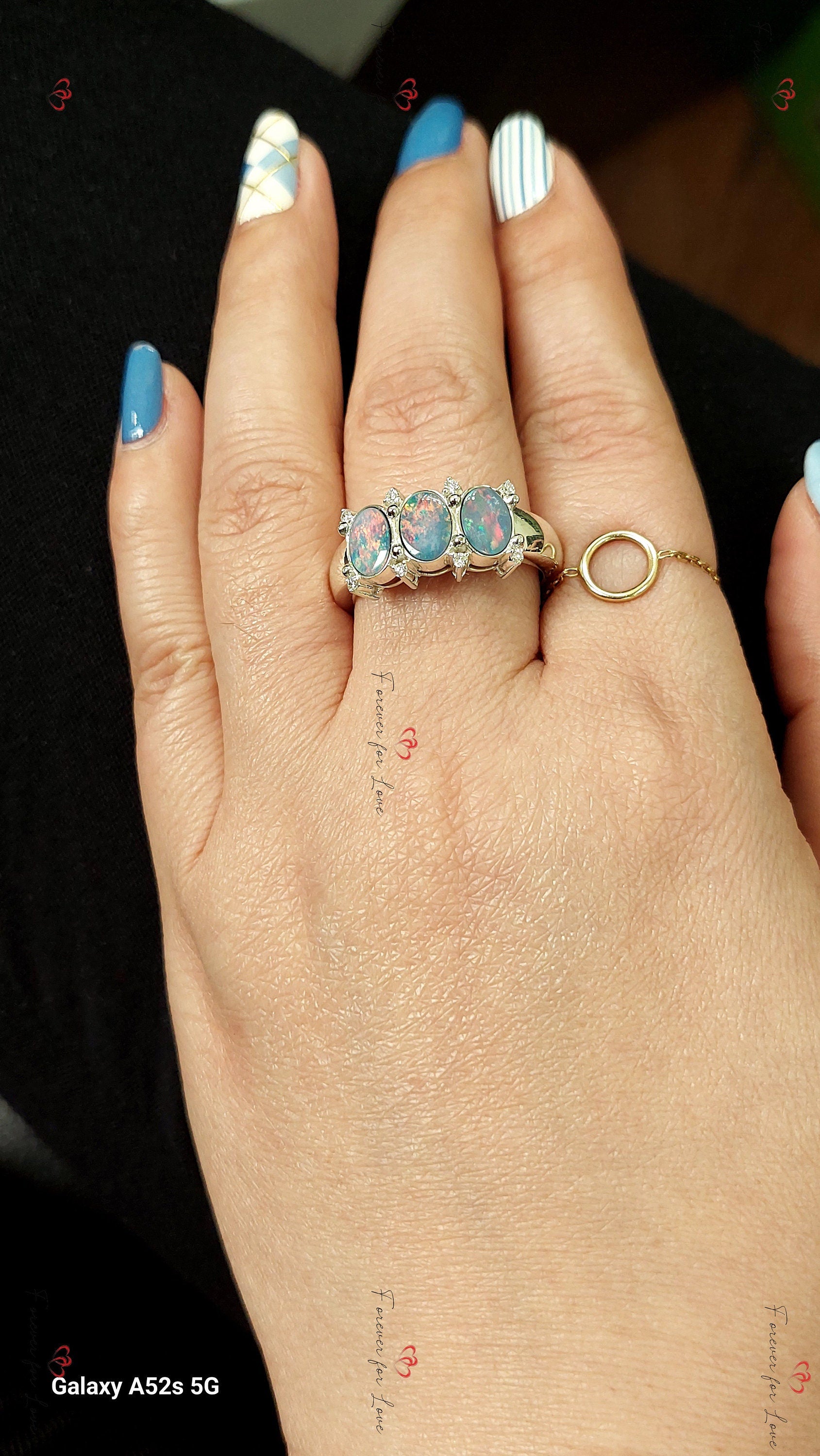Oval Natural Diamond, Opal Three Stone Engagement Ring