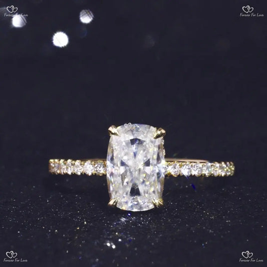 Elongated Crushed Ice Cushion Cut Moissanite Engagement Ring in Solid Gold Forever For Love