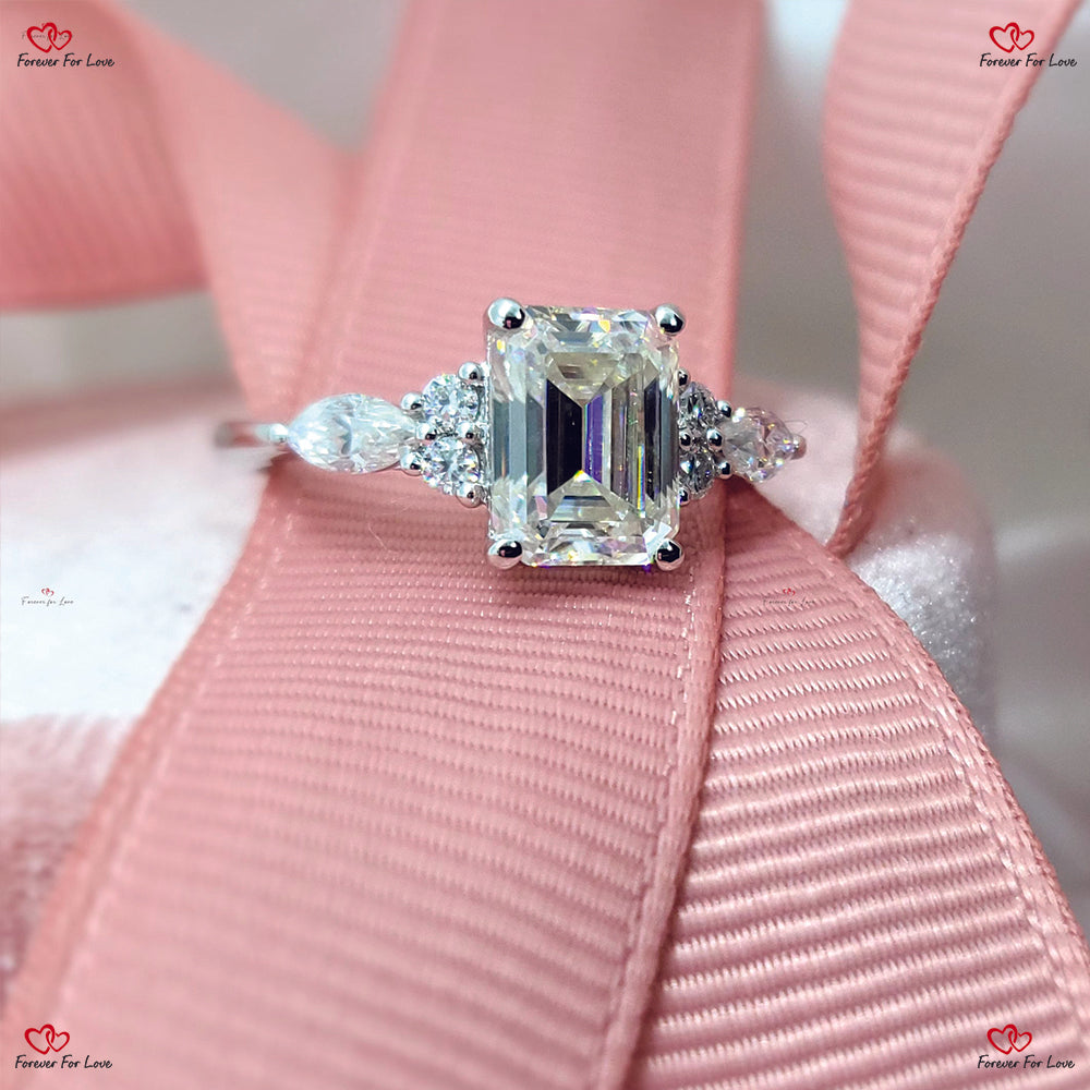 Vintage Emerald Cut Moissanite Engagement Ring - Unique Cluster Gold Engagement Ring with Marquise Diamonds Art Deco Bridal Anniversary Ring