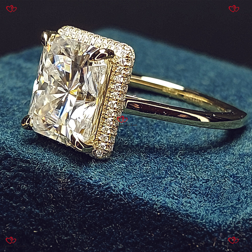 Unique Radiant Cut Moissanite Engagement Ring –  Forever Moissanite Double Halo Modern Engagement Ring