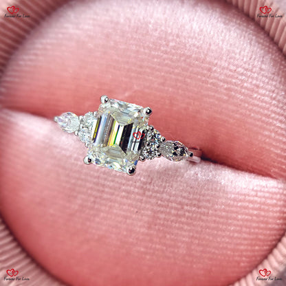 Vintage Emerald Cut Moissanite Engagement Ring - Unique Cluster Gold Engagement Ring with Marquise Diamonds Art Deco Bridal Anniversary Ring