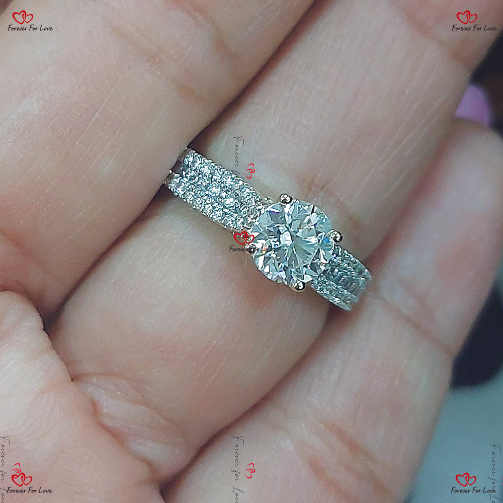 Solitaire Diamond Engagement Ring with Three Row Pave