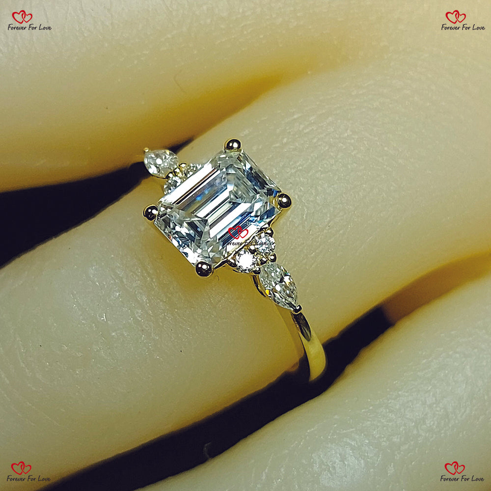 Vintage Emerald Cut Moissanite Engagement Ring - Unique Cluster Gold Engagement Ring with Marquise Diamonds Art Deco Bridal Anniversary Ring